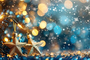 Fototapeta premium Festive navy abstract background with Christmas tree decorations stars, gold glitter, snowflakes, de focused. Holiday illumination, gold sequins. Blue card, invitation, template, with sparkle, blurry 