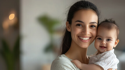 Fototapeta premium spanish smiling young woman holding little baby on background of room of cozy house, mother and child, kid, newborn, infant, toddler, parent, family, love, mom, mommy, hispanic, mexican girl, mother's