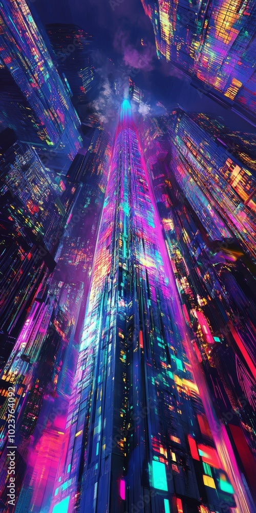 Poster conceptual representation of a futuristic skyscraper, featuring imaginative neon hues and abstract p