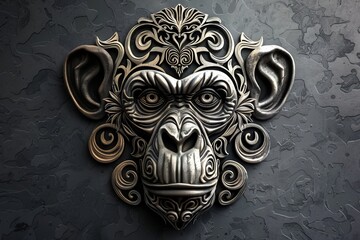 Conceptual monkey head with intricate tribal patterns.