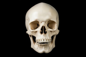 Fototapeta premium Human skull on black background with natural lighting