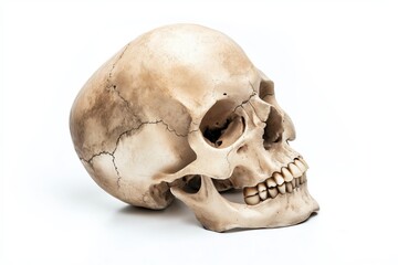 Obraz premium Aged human skull in side view on white background