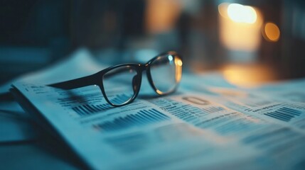 A pair of glasses rests on a newspaper featuring financial data and graphs.