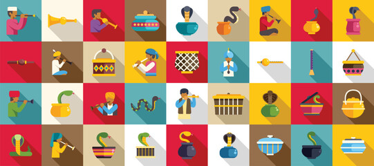 Snake charmer icons set. Snake charmers playing pungi and different traditional instruments are performing with trained indian cobra snakes