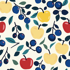 Boho retro fruit pattern with apples and berries. Seamless background repeating tile