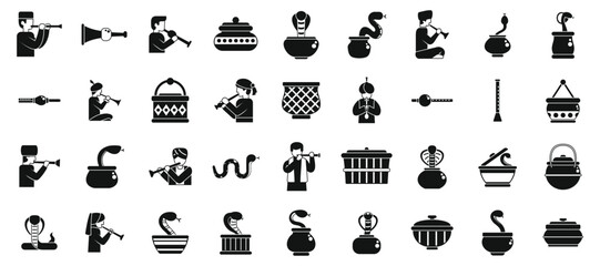 Snake charmer icons set. Snake charmers playing flute for cobra in basket, traditional indian culture show icons set simple style © anatolir