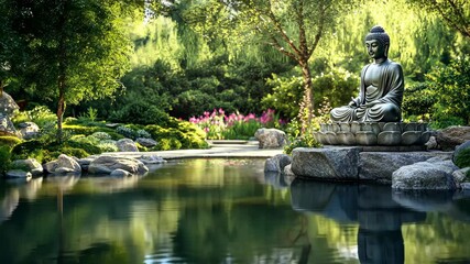 A serene Buddha statue sits atop a rock overlooking a tranquil pond in a lush, green garden