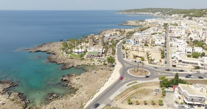 Aerial view of Santa Maria al Bagno, hamlet of the municipality of Nard&ograve; in Salento, Puglia, Italy. It's a small tourist town famous for its four columns on the sea, ruins of an ancient fortification.