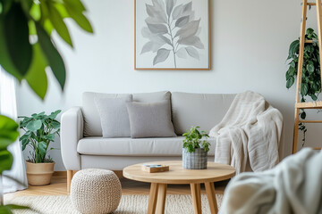 Fototapeta premium The room is illuminated by natural light and decorated with artwork and plants. Generative AI