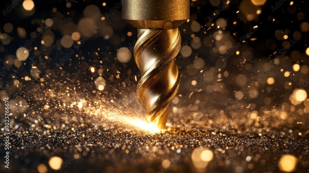 Poster a close-up of a drill bit creating sparks during a machining process.