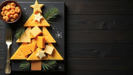 creative arrangement of cheese slices and crackers on dark plate in shape of Christmas tree, wooden surface, banner with copy space. marketing for gourmet cheese brands specialty food stores concept.