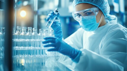 A scientist in protective gear examines vials in a laboratory setting.
