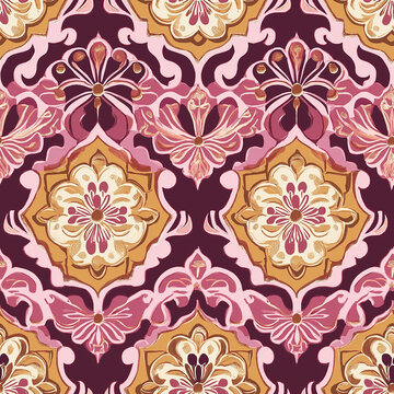 Intricate Moroccan style pattern with swirls, purple color tones, seamless pattern