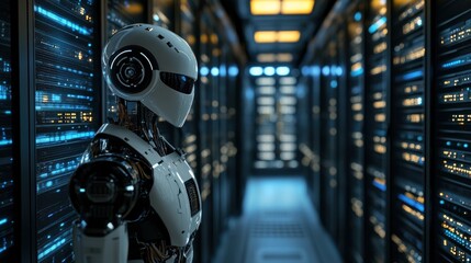A humanoid robot stands in a high-tech server room, highlighting technology and innovation.