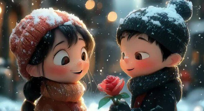 Adorable animated couple enjoying a winter snowfall, with rosy cheeks and charming expressions. The young boy offers a red rose to the girl, creating a heartwarming and romantic moment.