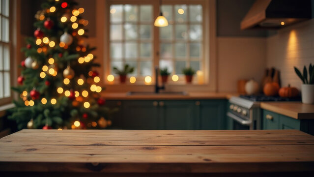 Empty wooden tabletop in christmas kitchen setting background for product placement. Copy space