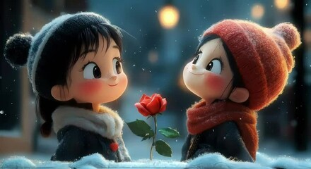 Adorable animated couple enjoying a winter snowfall, with rosy cheeks and charming expressions. The young boy offers a red rose to the girl, creating a heartwarming and romantic moment. - Powered by Adobe