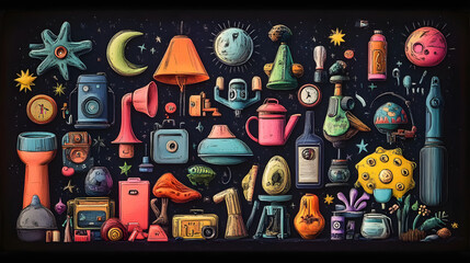 A collection of variously colored objects against a dark backdrop