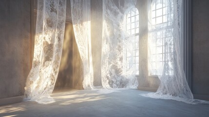 Lace Curtains Draped Over Windows in a Room with Sunlight Streaming In