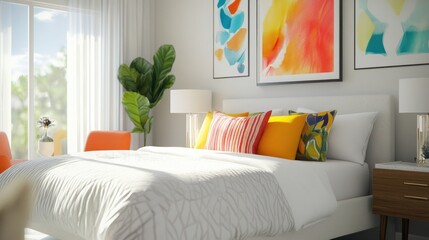 A bright, modern bedroom featuring colorful decor and natural light.