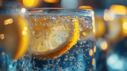 Close-up of sparkling water with lemon slices, showcasing refreshing drink appeal.