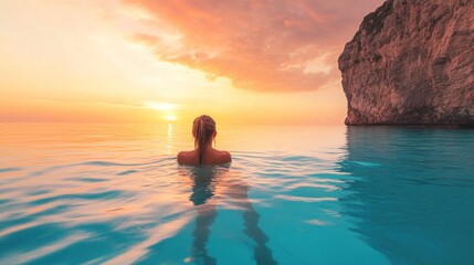 Fototapeta premium A serene sunset view over calm waters, featuring a person enjoying the tranquil atmosphere.