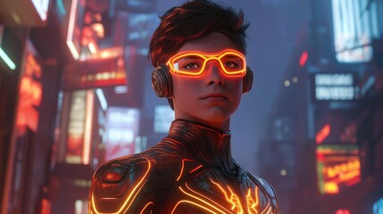 Obraz premium Cyberpunk character with illuminated glasses in vibrant cityscape