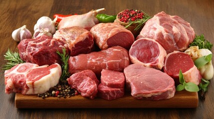 Fresh Cut Meats on Wooden Board Display