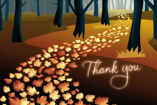 A forest with a path of leaves and a sign that says "Thank You". Concept of gratitude and appreciation for the beauty of nature