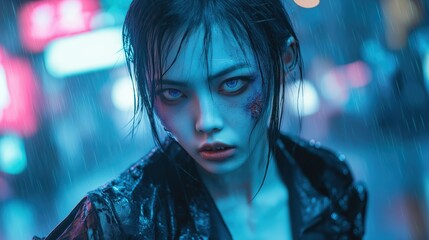 Gothic woman in a rainy cityscape with a haunting expression