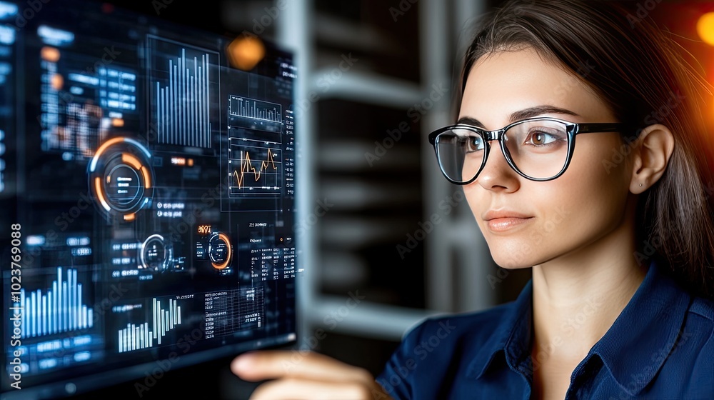 Poster a woman stands before an interactive screen filled with colorful graphs and data, exploring ai's rol