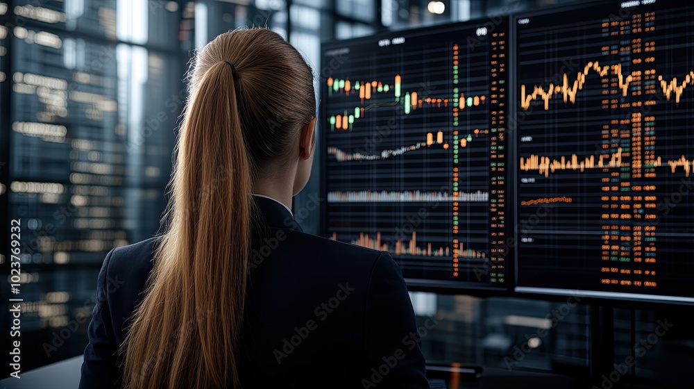 Poster a woman stands before an interactive screen filled with colorful graphs and data, exploring ai's rol