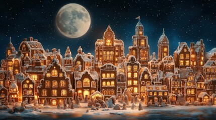 Obraz premium Snowy gingerbread village illuminated by warm lights under full moon