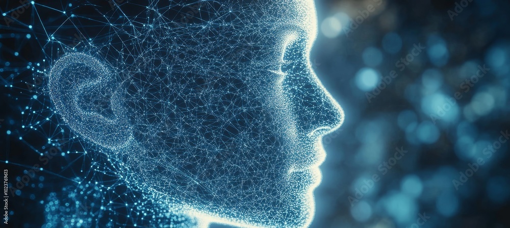 Poster abstract digital face profile with glowing wireframe, artificial intelligence concept