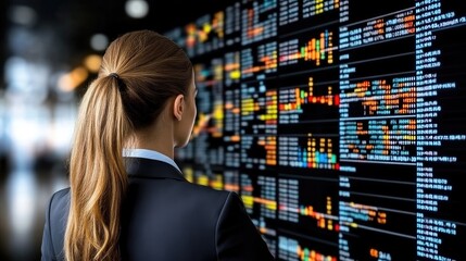 A woman stands before an interactive screen filled with colorful graphs and data, exploring AI's role in financial decision-making amid a backdrop of glowing effects