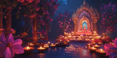 A beautiful, colorful scene with a temple in the background. The temple is lit up with candles and surrounded by flowers
