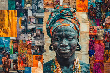 
collage of Nigeria, a blend of tradition and modernity, Lagos skyline, Nollywood film posters, traditional Yoruba masks, a Fulani herder with cattle, and colorful market scenes filled with fabrics