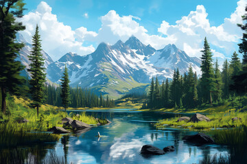 Lush river valley amidst majestic mountains under a vibrant sky at sunset