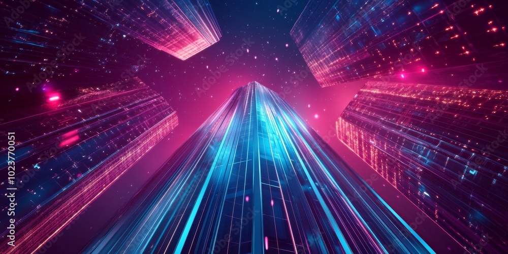 Aufkleber dynamic abstract background with a futuristic skyscraper, highlighted by neon lights and geometric s