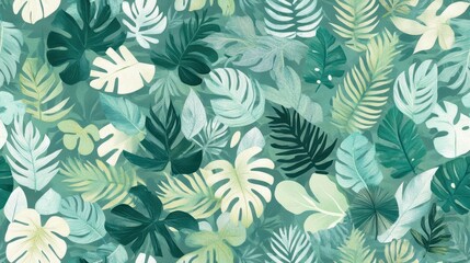 Seamless pattern of lush tropical green leaves, creating a vibrant, natural background perfect for jungle or nature-themed designs.