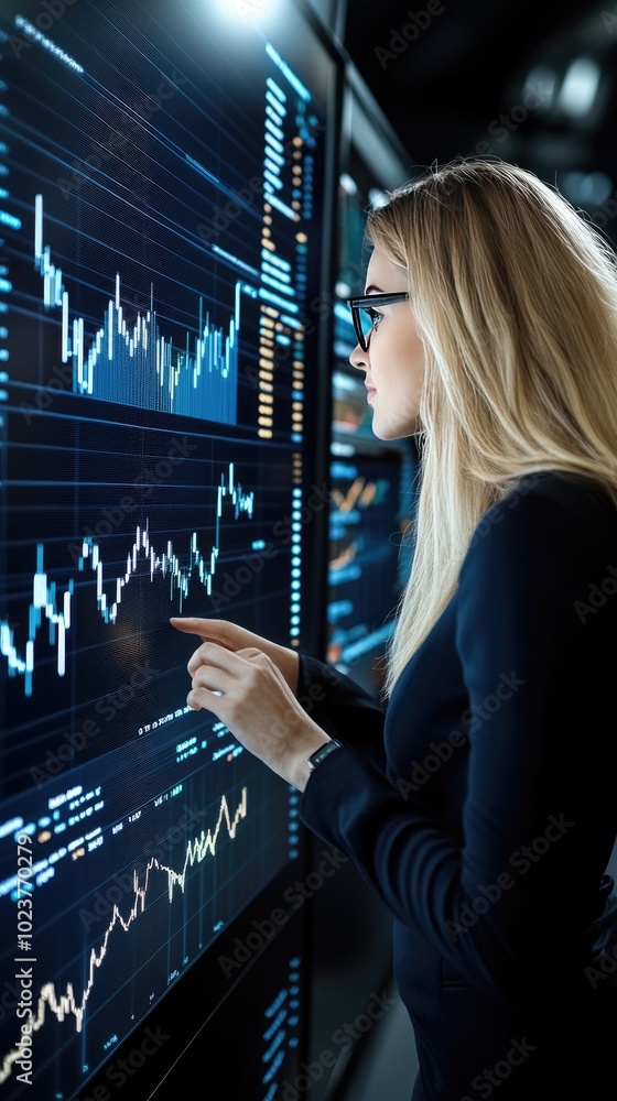 Poster a woman stands before an interactive screen filled with colorful graphs and data, exploring ai's rol