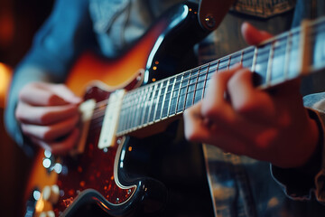 Obraz premium A passionate guitarist performs an acoustic melody in a cozy cafe setting