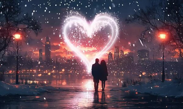 Romantic Couple Walking in Snowy Street with Heart Lights， feelings of love and serenity amidst gentle snowfall.