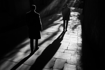 Mysterious figures walk in silence through a shadowy alley at twilight