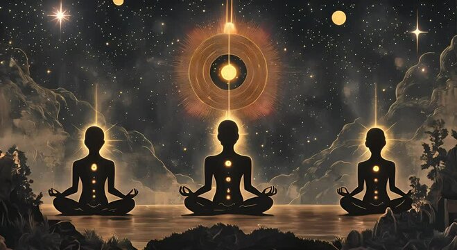 The Seven Chakras, meditating people in the universe, with golden lines on a dark brown background