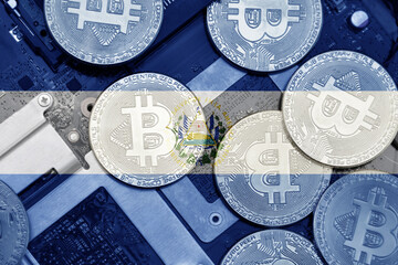 flag of el salvador on the bitcoins with computer electronic circuit board background. bitcoin...