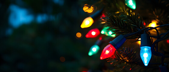 Background with defocused Christmas lights of different colors glowing in the dark