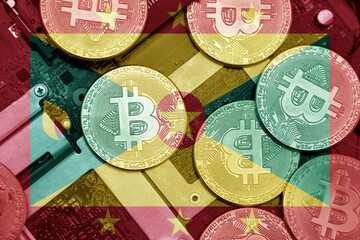 flag of grenada on the bitcoins with computer electronic circuit board background. bitcoin concept.