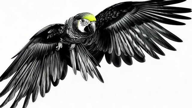 A black and white illustration of a parrot in flight, with its wings spread wide