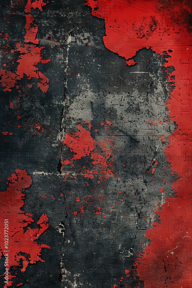Poster close-up of a weathered surface with red and black peeling paint, creating an abstract grunge textur